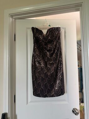 Bisou Bisou Strapless Sheath Dress in Black Lace over Rose Gold Sequins